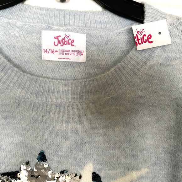 NWT Girls Justice Light Blue Long Sleeve Sweater‎ w/Unicorn - Reversible Sequin - Picture 2 of 5